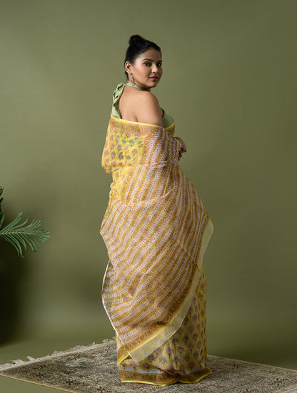 Light & Breezy. Sanganeri Hand Block Printed Kota Doria - Yellow Flora