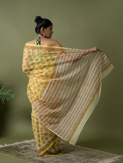 Light & Breezy. Sanganeri Hand Block Printed Kota Doria - Yellow Flora