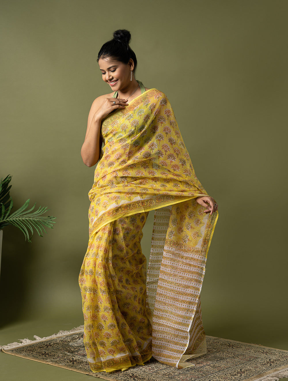 Light & Breezy. Sanganeri Hand Block Printed Kota Doria - Yellow Flora
