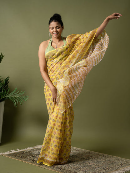 Light & Breezy. Sanganeri Hand Block Printed Kota Doria - Yellow Flora