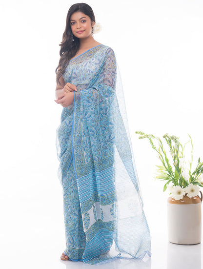 Light & Breezy. Sanganeri Kota Doria Saree - Blue Flora