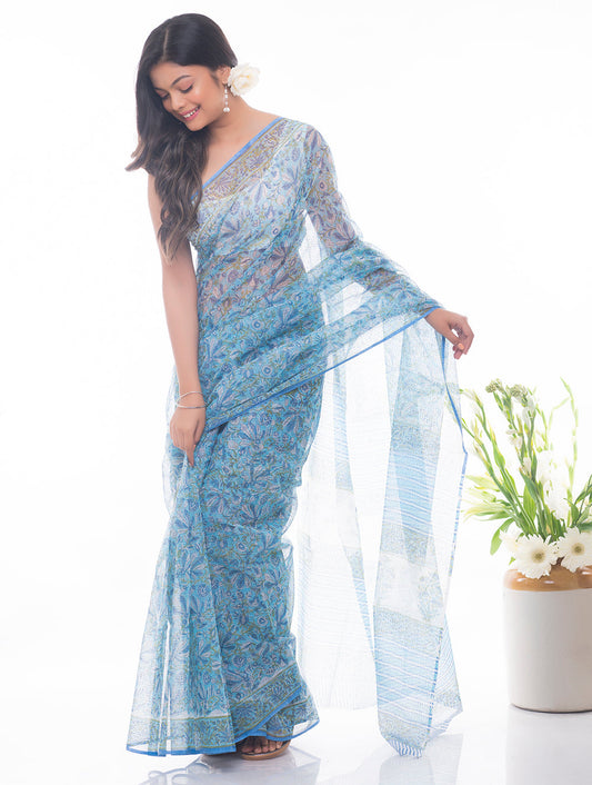 Light & Breezy. Sanganeri Kota Doria Saree - Blue Flora
