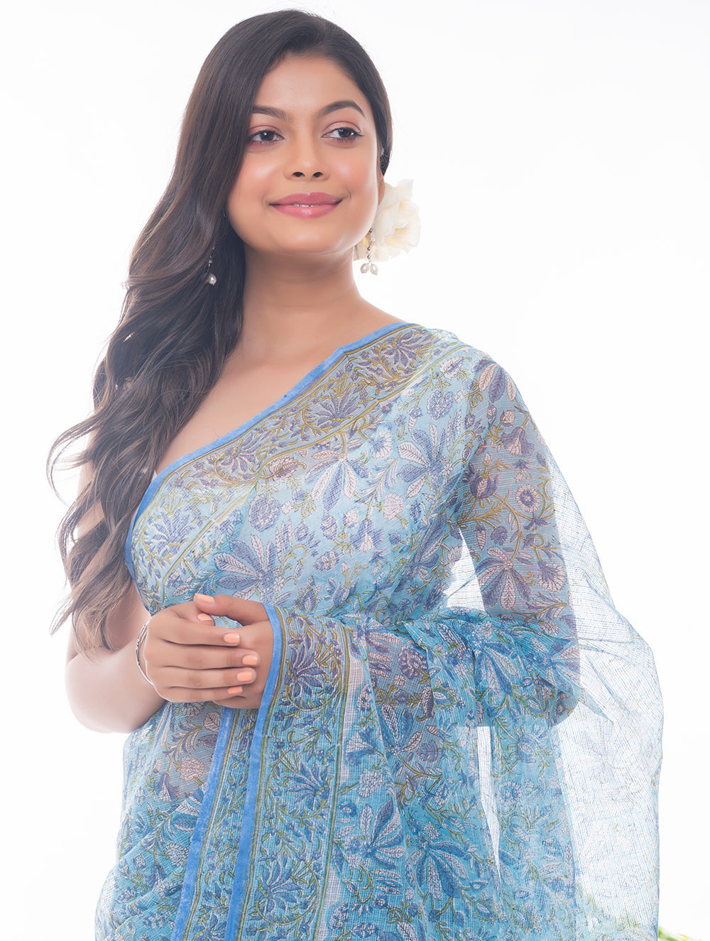 Light & Breezy. Sanganeri Kota Doria Saree - Blue Flora
