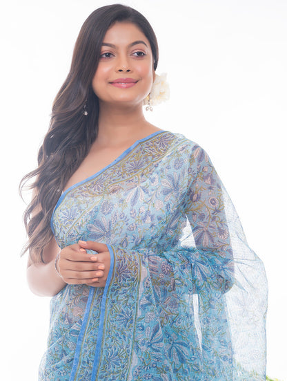 Light & Breezy. Sanganeri Kota Doria Saree - Blue Flora
