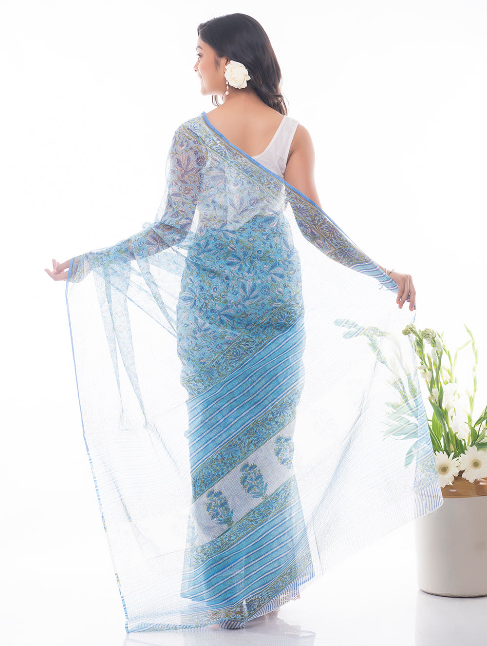 Light & Breezy. Sanganeri Kota Doria Saree - Blue Flora