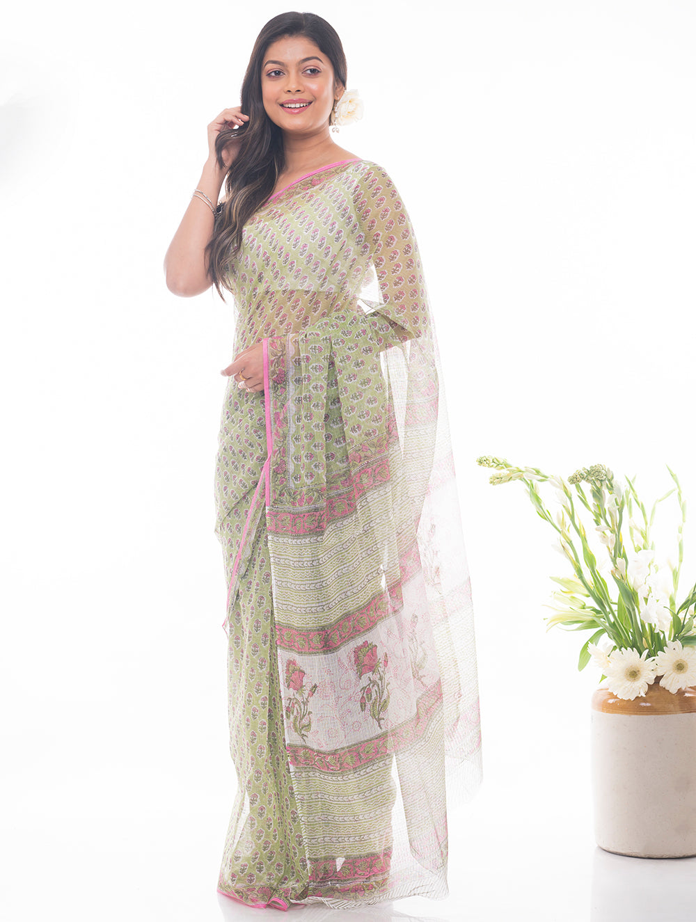 Light & Breezy. Sanganeri Kota Doria Saree - Soft Green Flora
