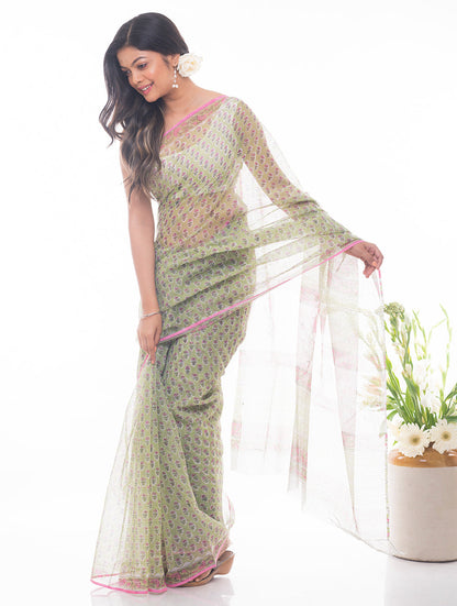 Light & Breezy. Sanganeri Kota Doria Saree - Soft Green Flora