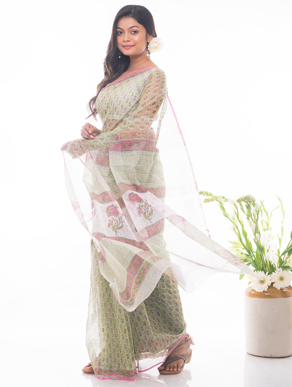 Light & Breezy. Sanganeri Kota Doria Saree - Soft Green Flora