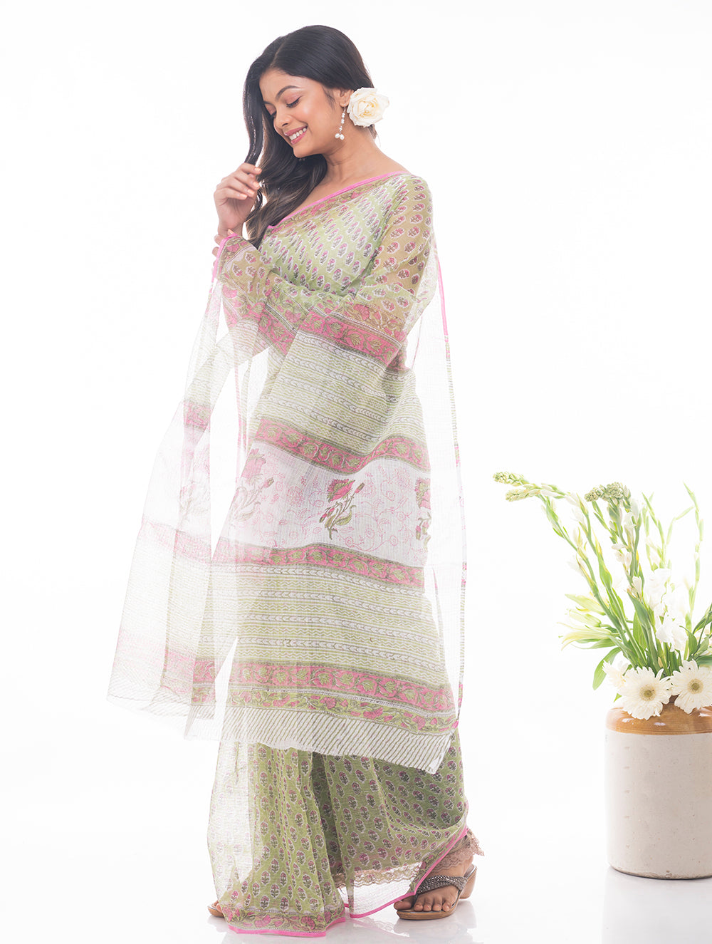 Light & Breezy. Sanganeri Kota Doria Saree - Soft Green Flora