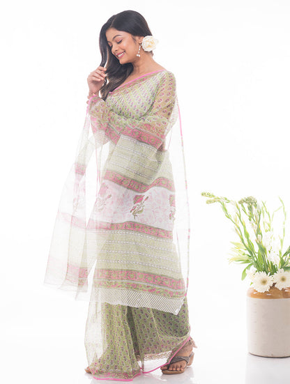 Light & Breezy. Sanganeri Kota Doria Saree - Soft Green Flora
