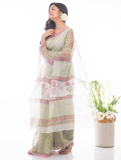 Light & Breezy. Sanganeri Kota Doria Saree - Soft Green Flora