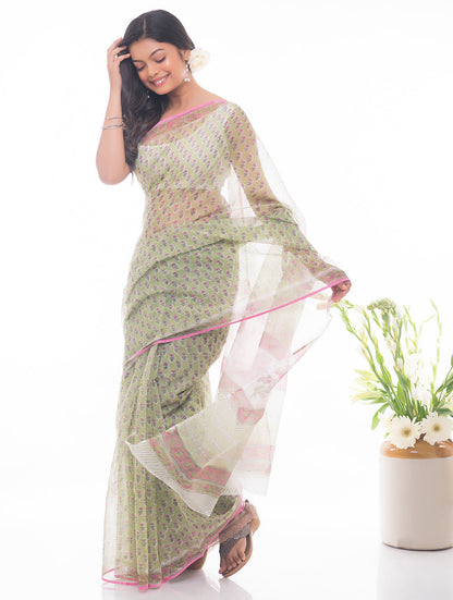 Light & Breezy. Sanganeri Kota Doria Saree - Soft Green Flora