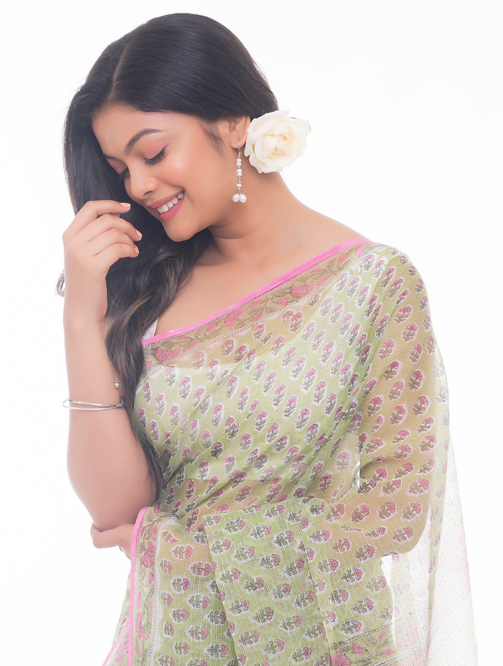 Light & Breezy. Sanganeri Kota Doria Saree - Soft Green Flora