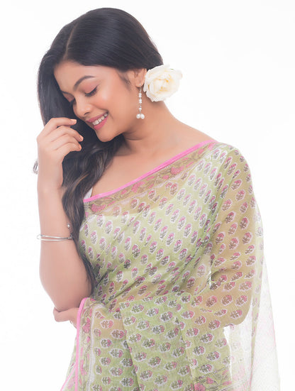 Light & Breezy. Sanganeri Kota Doria Saree - Soft Green Flora
