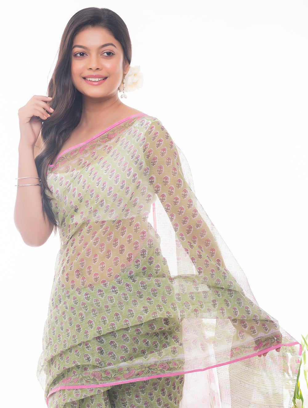 Light & Breezy. Sanganeri Kota Doria Saree - Soft Green Flora