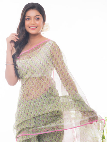 Light & Breezy. Sanganeri Kota Doria Saree - Soft Green Flora