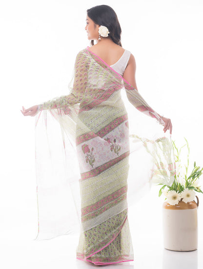 Light & Breezy. Sanganeri Kota Doria Saree - Soft Green Flora
