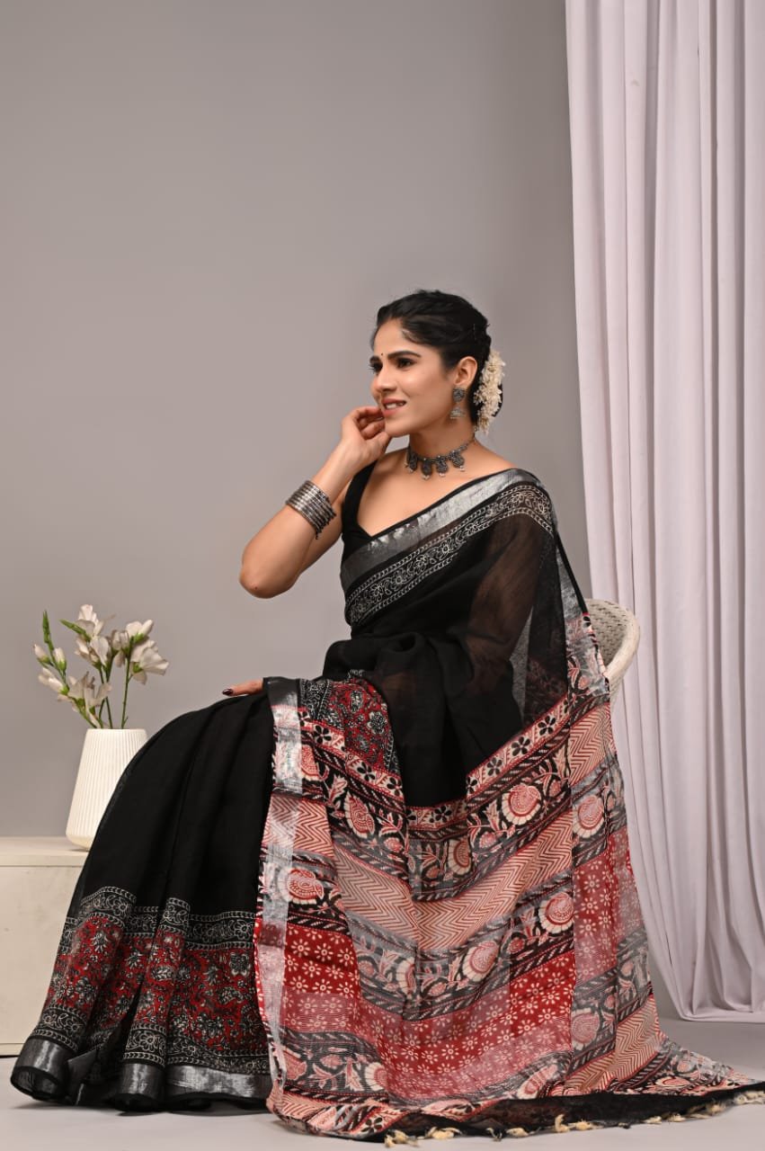 Linen Cotton Bagru Hand Block Saree With Blouse Piece