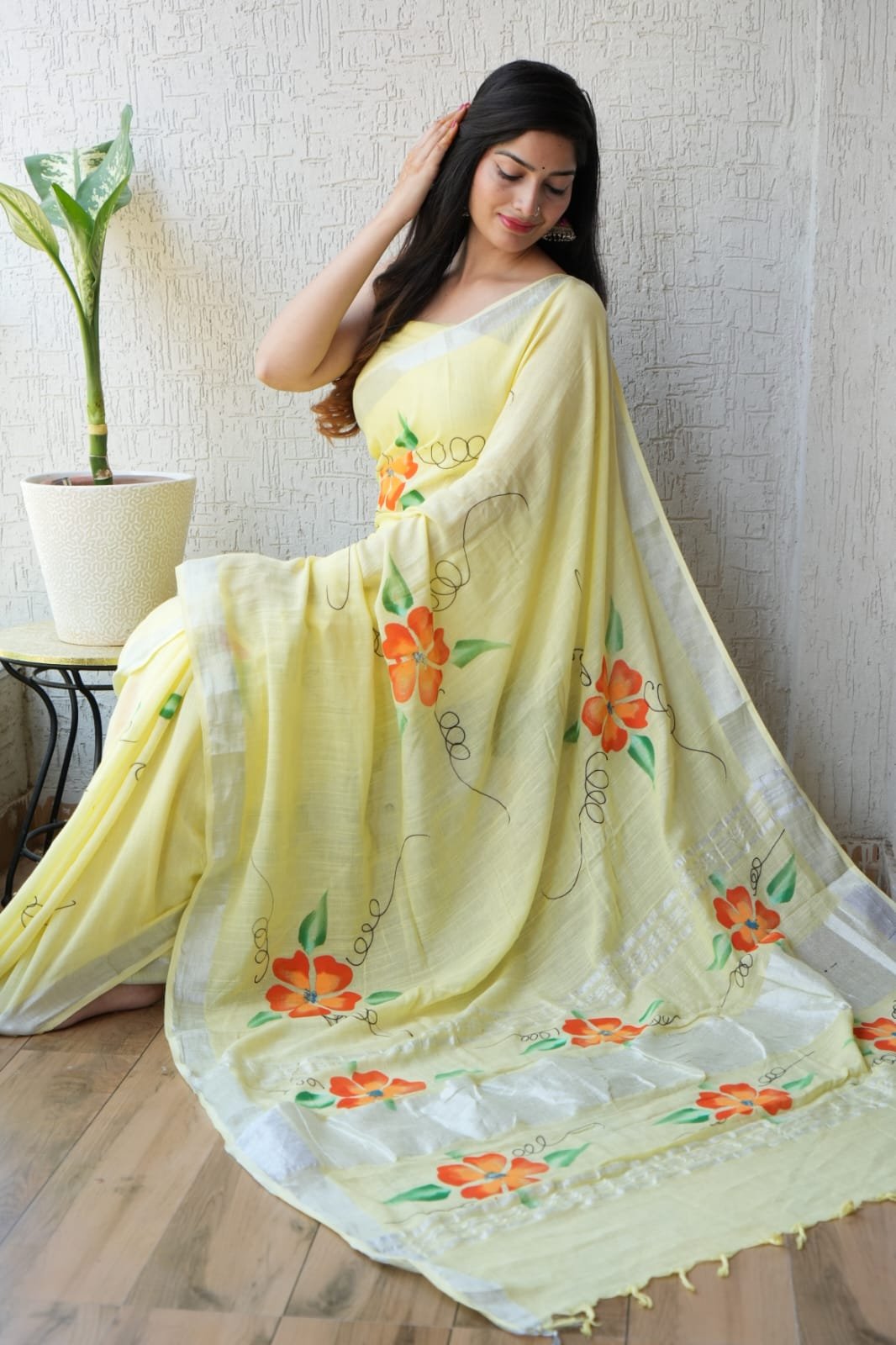 Linen Cotton Bagru Hand Block Saree With Blouse Piece