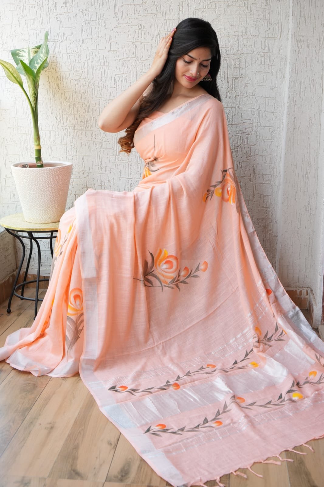 Linen Cotton Bagru Hand Block Saree With Blouse Piece