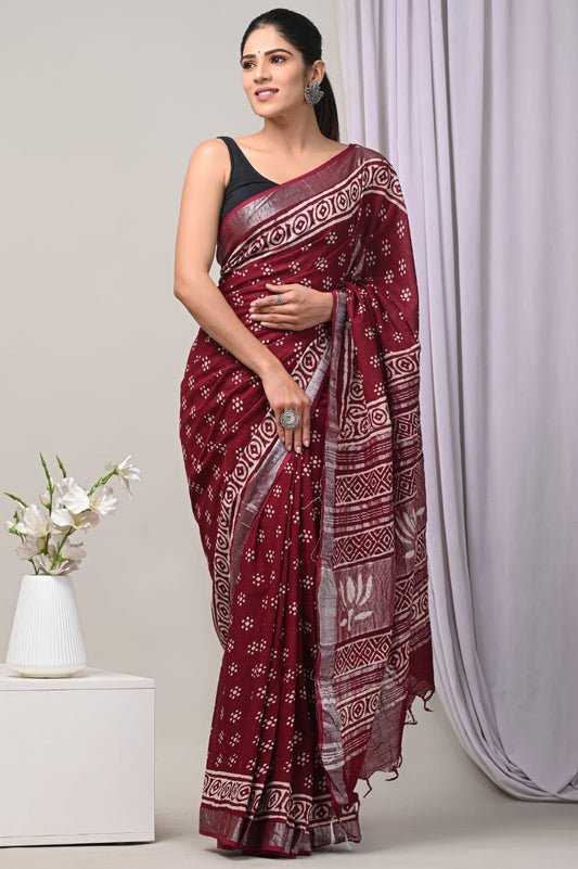 Linen Cotton Bagru Hand Block Saree With Blouse Piece
