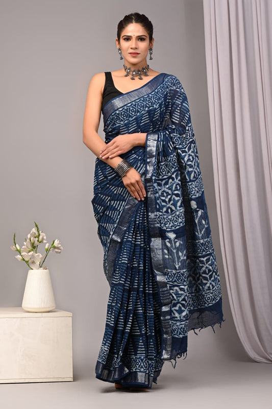 Linen Cotton Bagru Hand Block Saree With Blouse Piece
