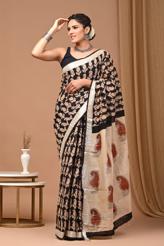 Linen Cotton Bagru Hand Block Saree With Blouse Piece