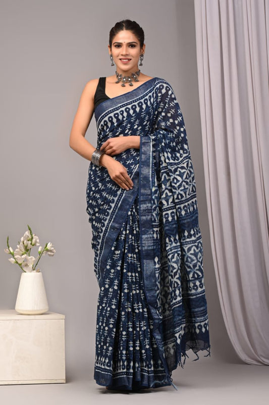 Linen Cotton Bagru Hand Block Saree With Blouse Piece