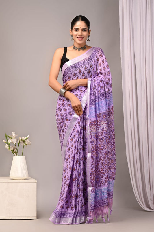 Linen Cotton Bagru Hand Block Saree With Blouse Piece