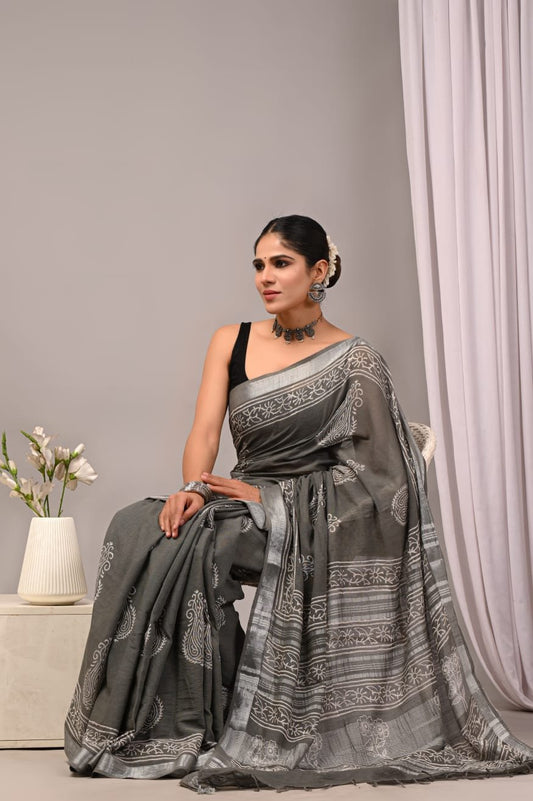 Linen Cotton Bagru Hand Block Saree With Blouse Piece