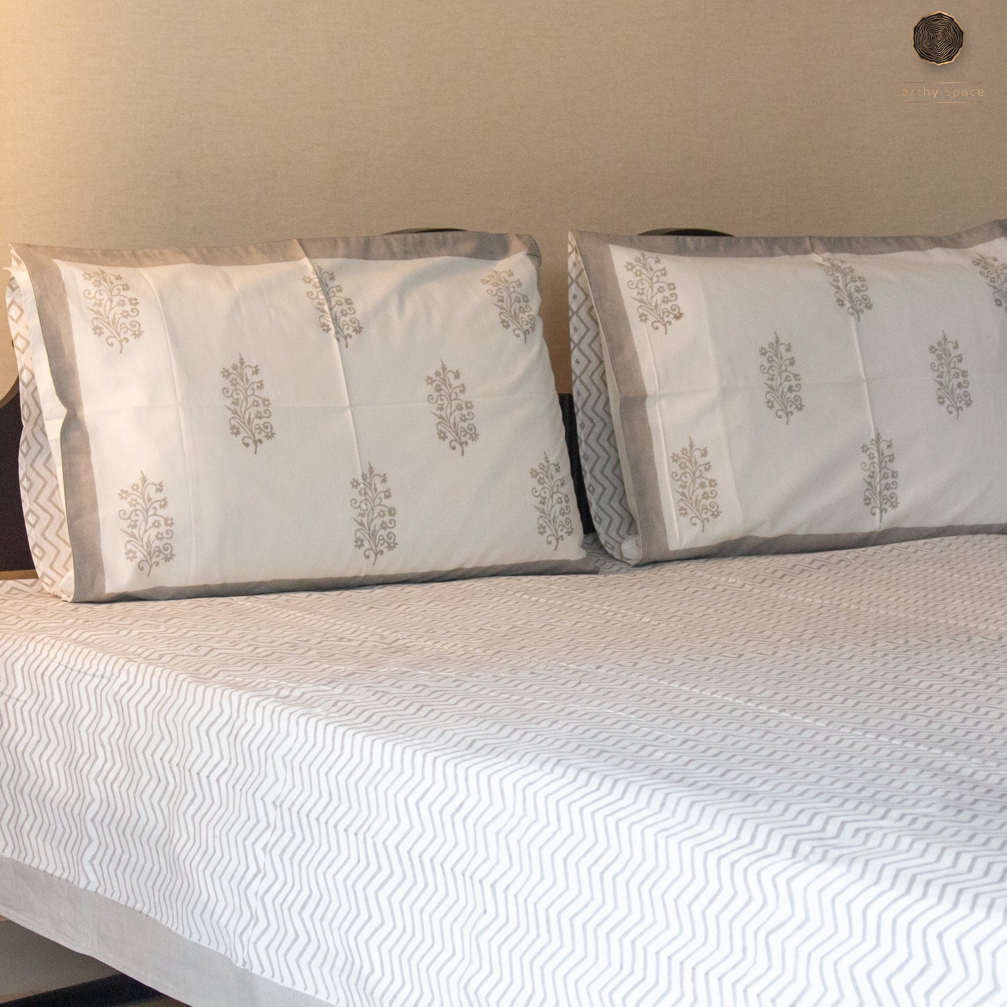 Ash Lines Hand Block Printed Cotton King Size Bedsheet Set