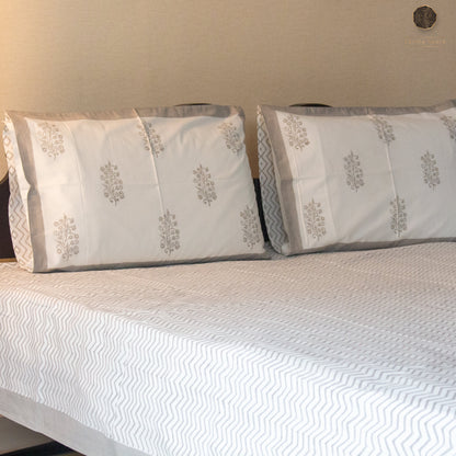 Ash Lines Hand Block Printed Cotton King Size Bedsheet Set