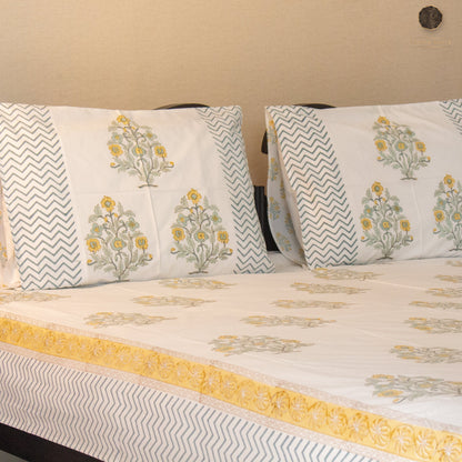 Amber Flora Hand Block Printed Cotton King Size Bedsheet Set