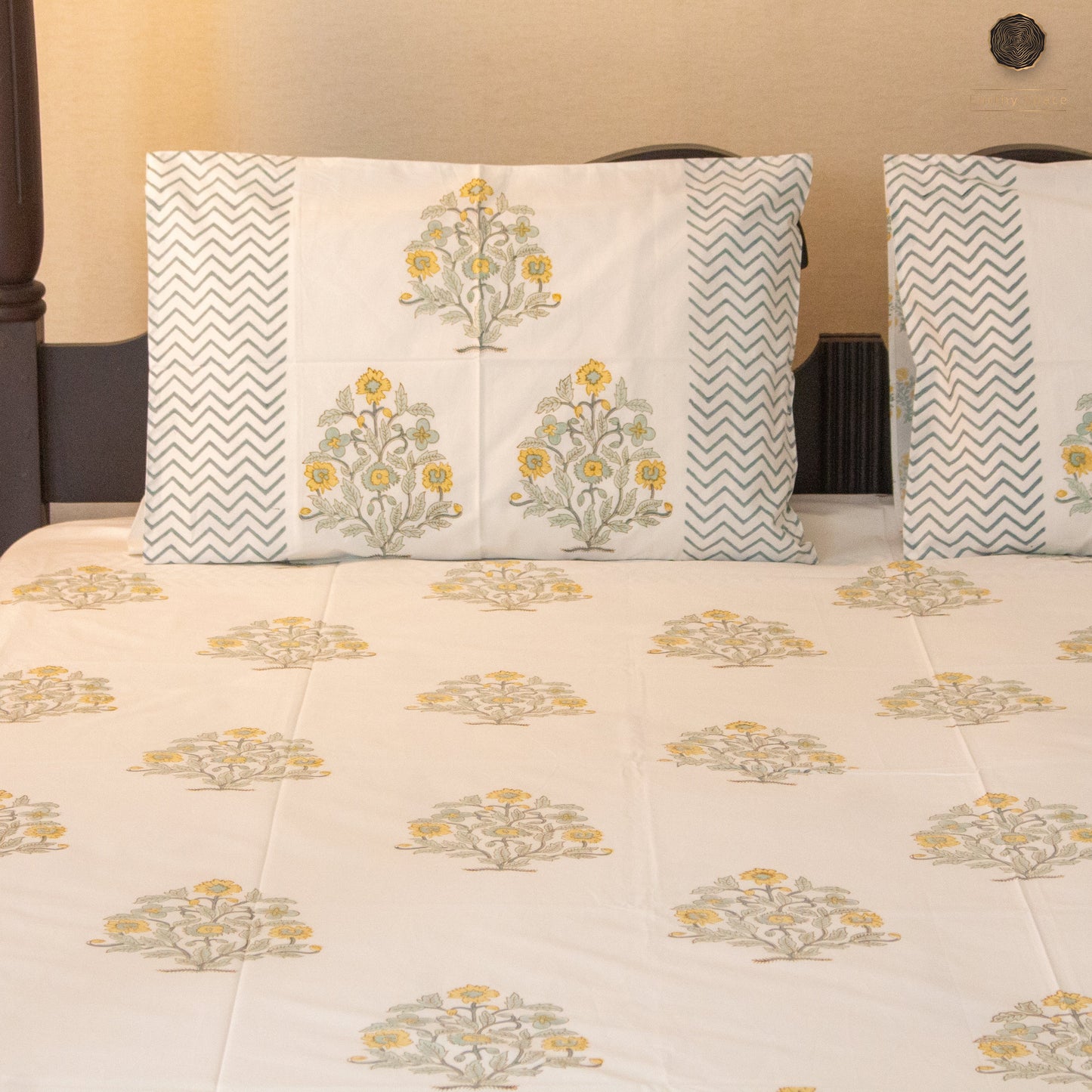 Amber Flora Hand Block Printed Cotton King Size Bedsheet Set
