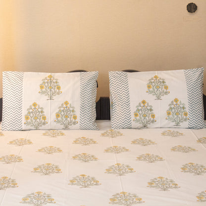 Amber Flora Hand Block Printed Cotton King Size Bedsheet Set