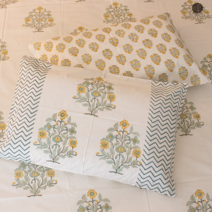 Amber Flora Hand Block Printed Cotton King Size Bedsheet Set
