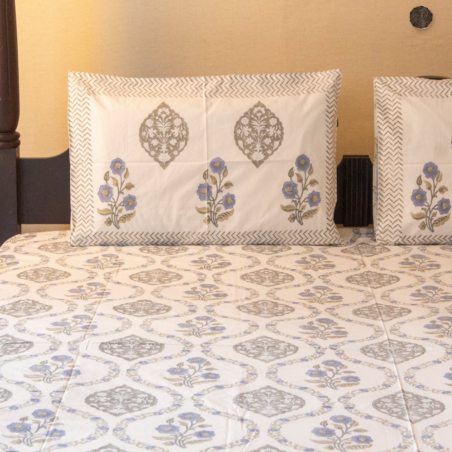 Blue Munroe Jaal Hand Block Printed Cotton King Size Bedsheet Set
