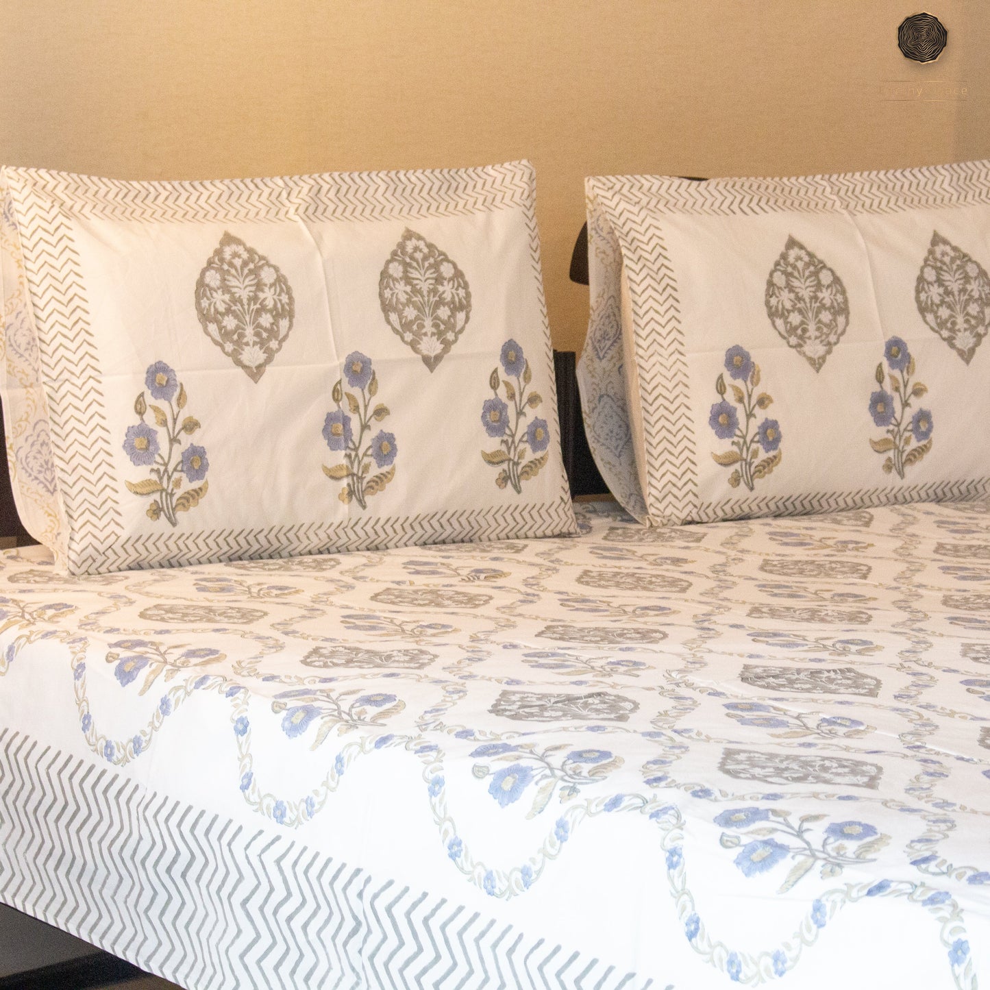 Blue Munroe Jaal Hand Block Printed Cotton King Size Bedsheet Set