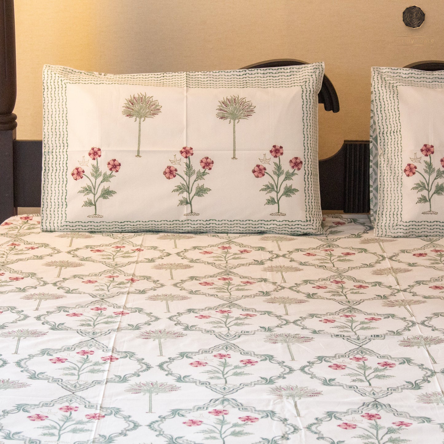 Gardenia Blooms Hand Block Printed Cotton King Size Bedsheet Set