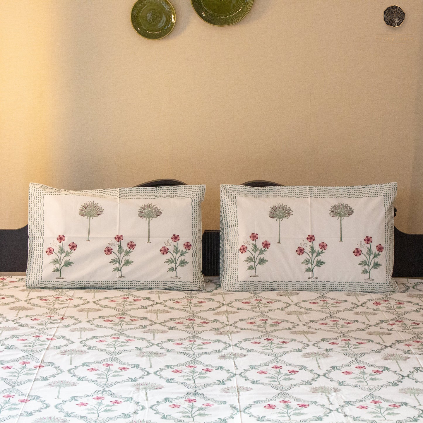 Gardenia Blooms Hand Block Printed Cotton King Size Bedsheet Set