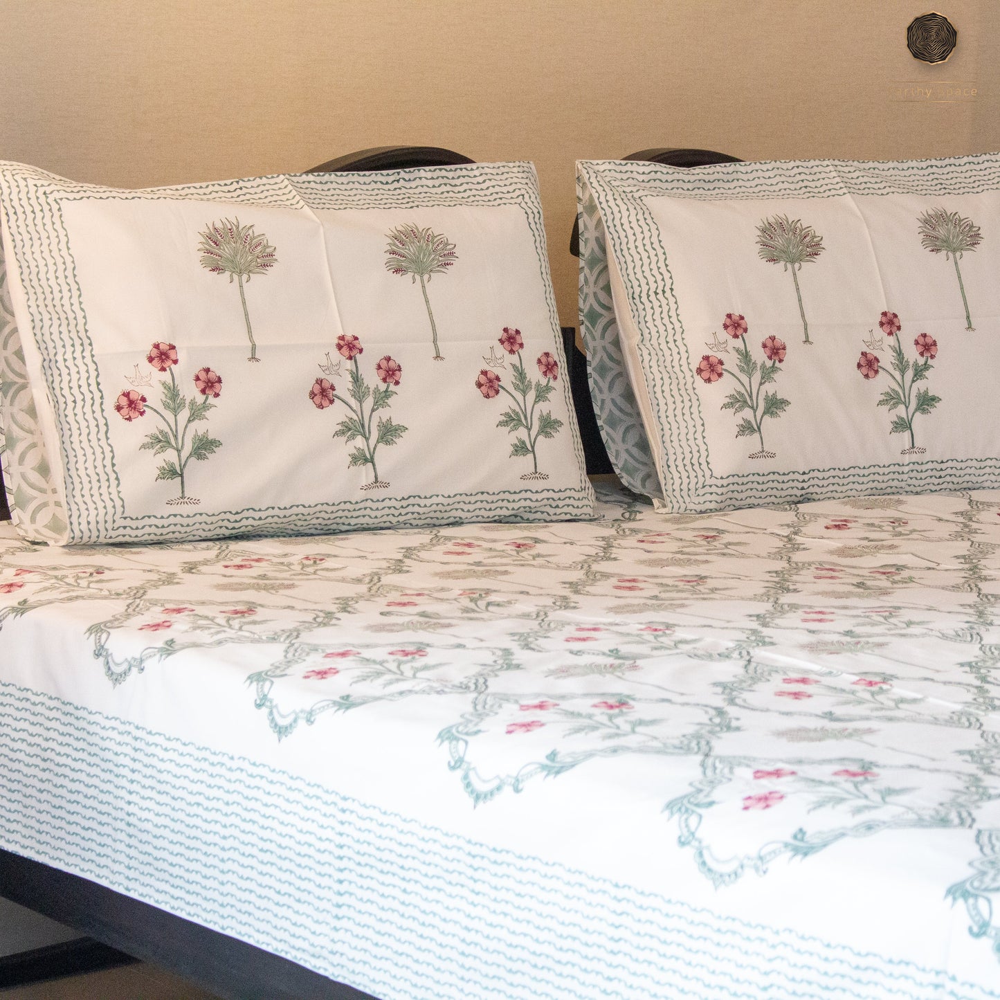 Gardenia Blooms Hand Block Printed Cotton King Size Bedsheet Set