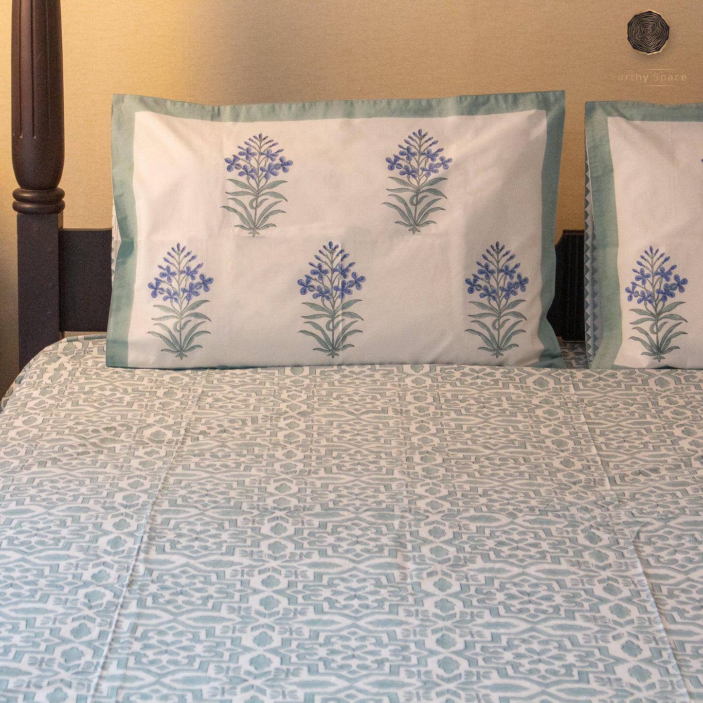 TULA Icy Green Hand Block Printed Cotton King Size Bedsheet Set