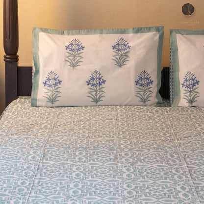 TULA Icy Green Hand Block Printed Cotton King Size Bedsheet Set