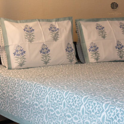TULA Icy Green Hand Block Printed Cotton King Size Bedsheet Set