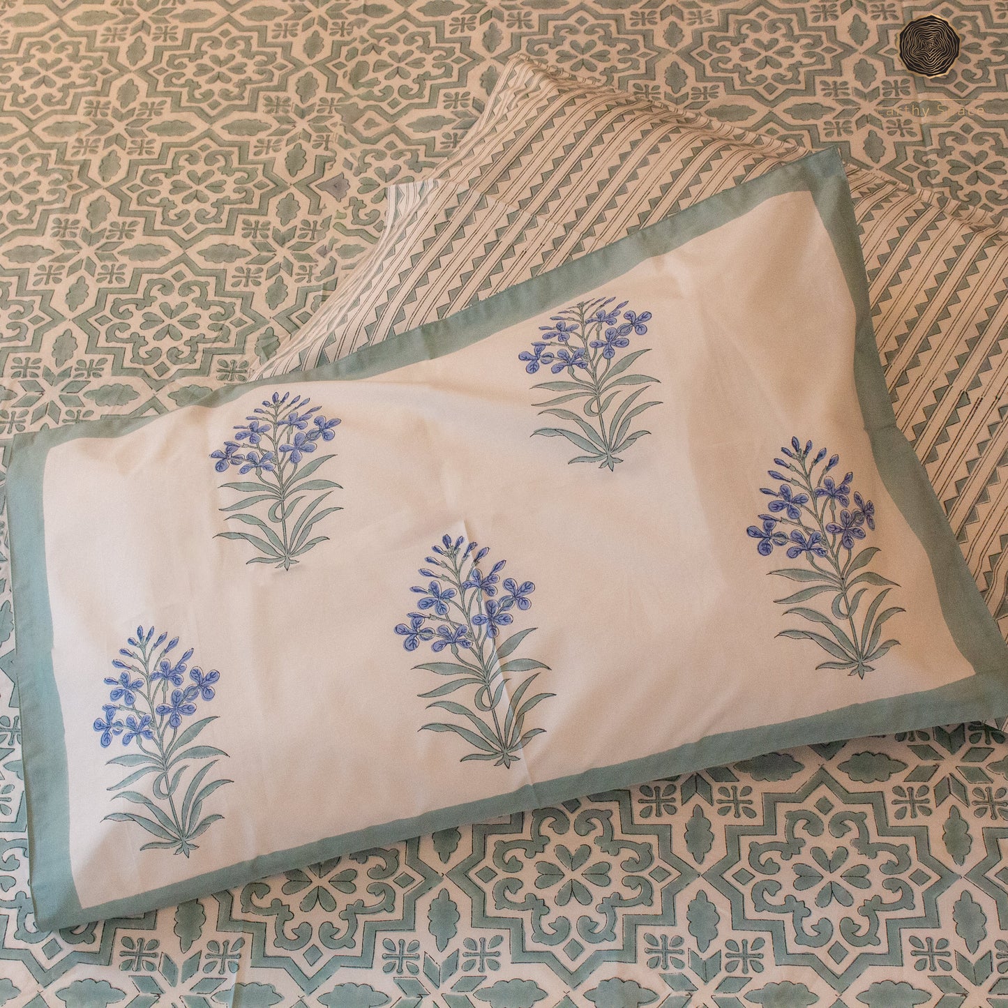 TULA Icy Green Hand Block Printed Cotton King Size Bedsheet Set