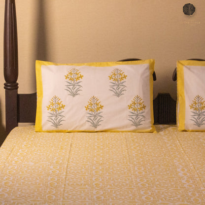 TULA Morning Yellow Hand Block Printed Cotton King Size Bedsheet Set