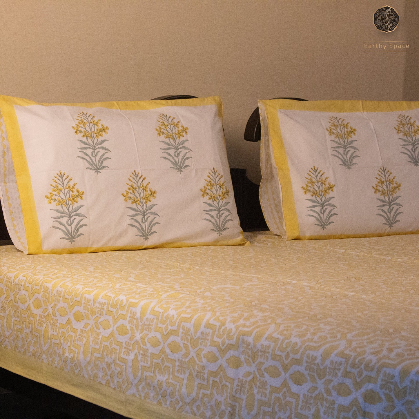 TULA Morning Yellow Hand Block Printed Cotton King Size Bedsheet Set