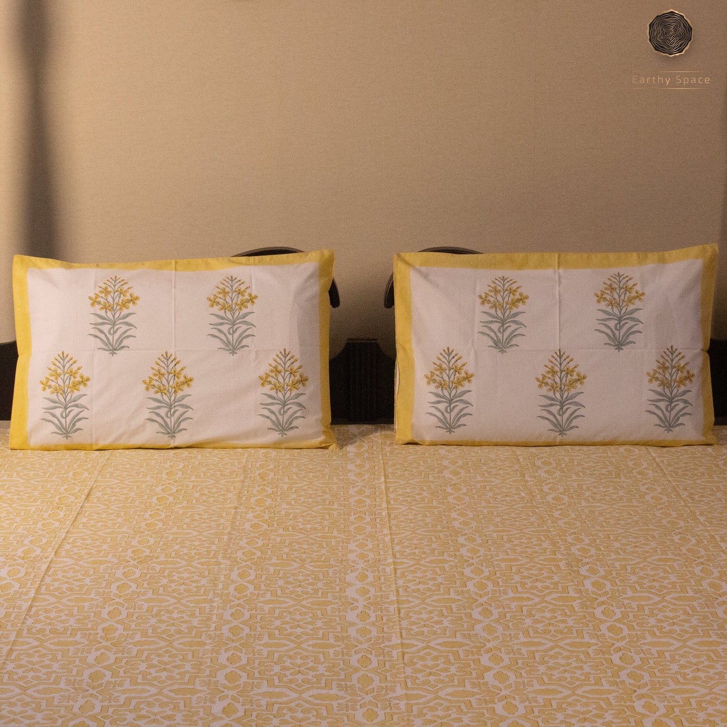 TULA Morning Yellow Hand Block Printed Cotton King Size Bedsheet Set