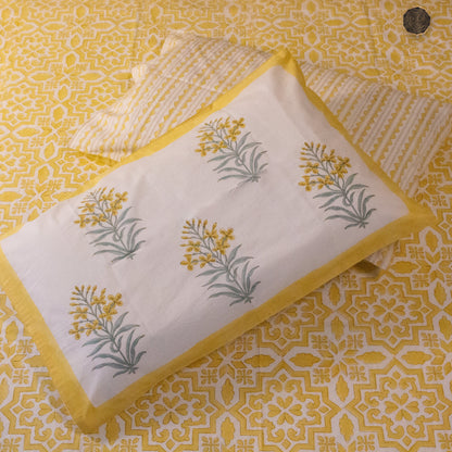 TULA Morning Yellow Hand Block Printed Cotton King Size Bedsheet Set