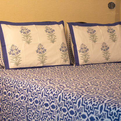 TULA Navy Blue Hand Block Printed Cotton King Size Bedsheet Set